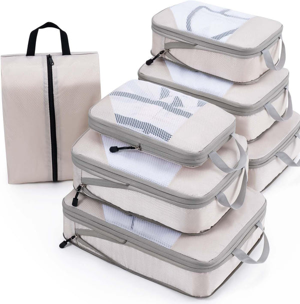 Compression Packing Cubes Travel Organizer 7 Set, Ripstop Mesh Travel Organizers for Luggage Multi-Functional Ultralight Expandable Packing Cubes for Carry-On Luggage, Travel, Backpack