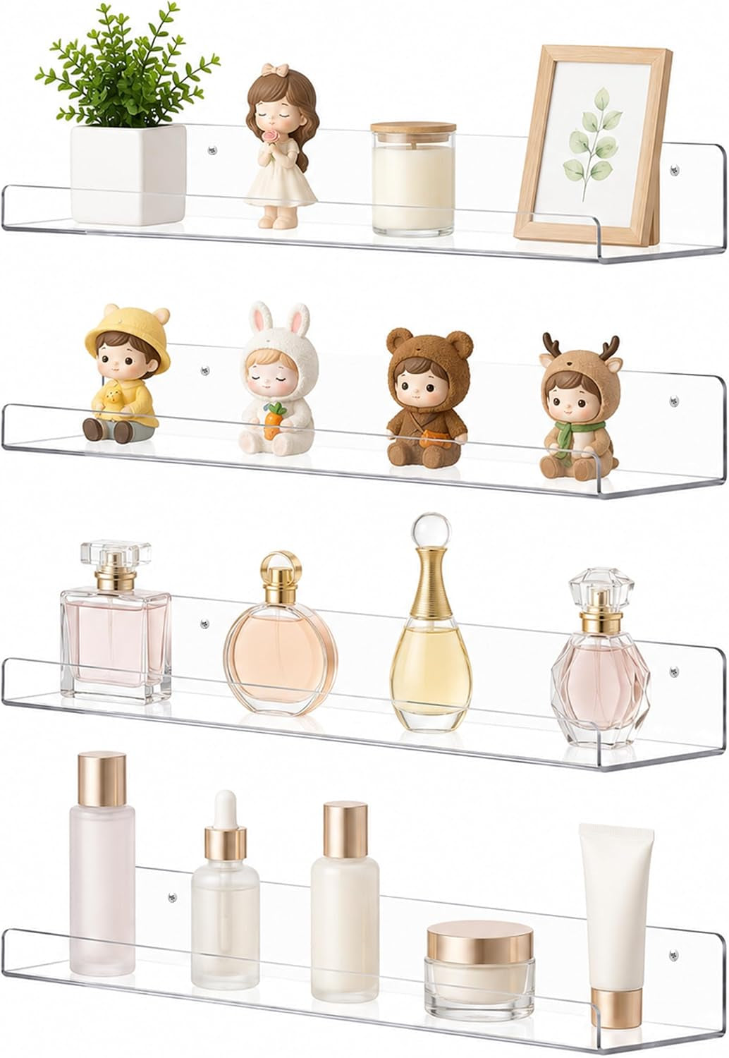 15" Clear Acrylic Shelves Wall Mounted, Display Ledge, 4 Pack