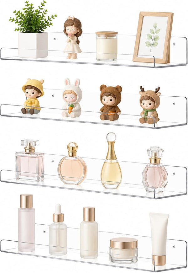 15" Clear Acrylic Shelves Wall Mounted, Display Ledge, 4 Pack