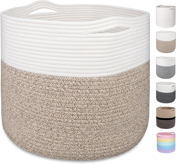 Large Woven Basket 15.8X13.8In, Cotton Rope Baskets Living Room, Laundry Basket, Toy Bin, Decorative round Baskets Storage Organization for Blanket Throw Decor - White Brown