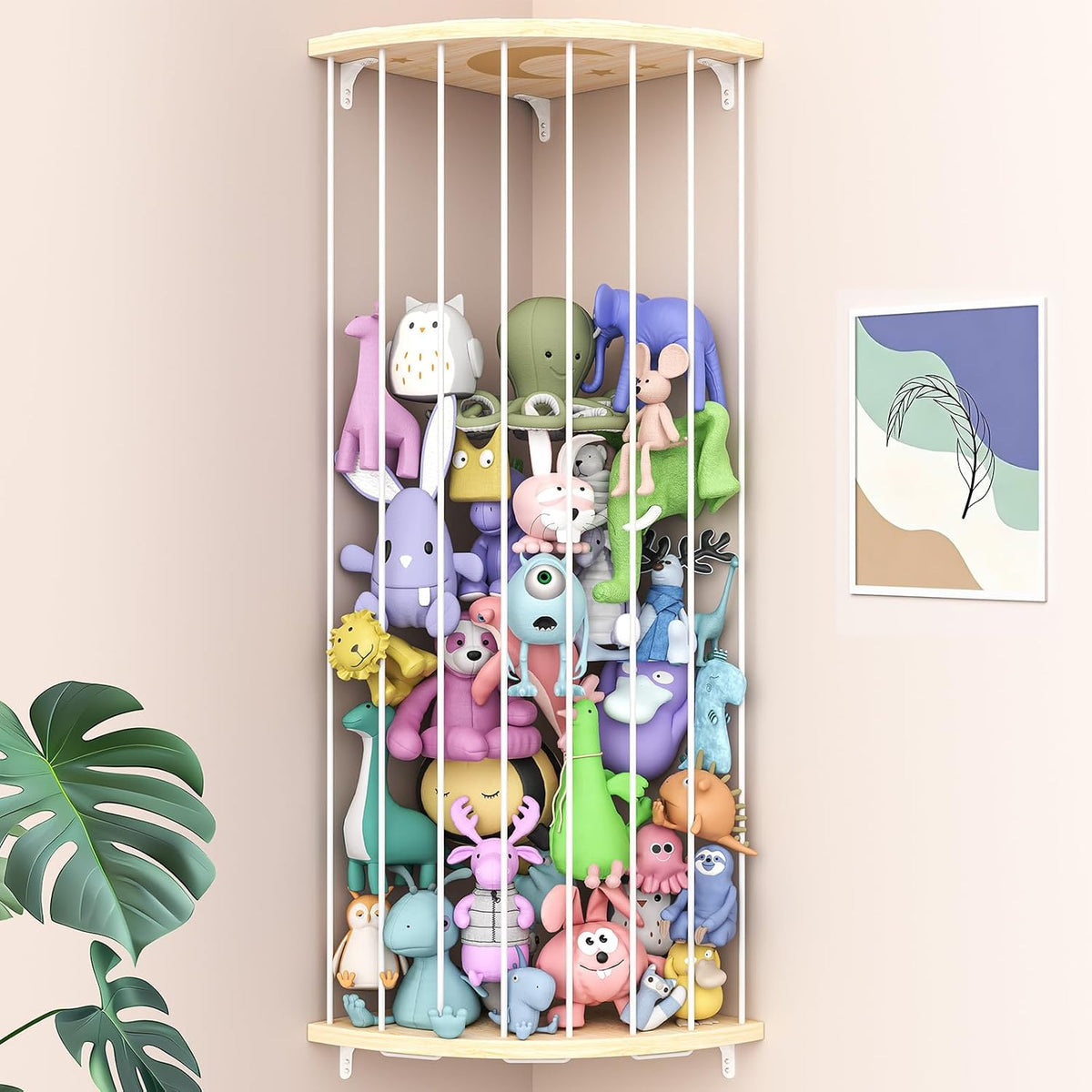 Stuffed Animal Storage Wood Corner Toy Plush Storage Hammock Hanging Storage Net, Toy Organizer Shelf for Nursery Playroom Bedroom Kid Room