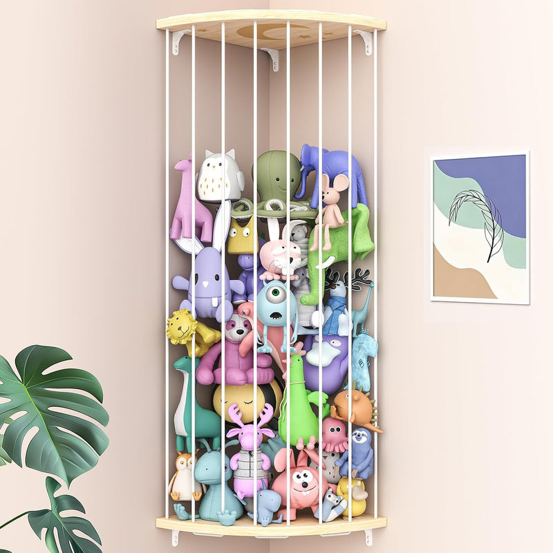 Stuffed Animal Storage Wood Corner Toy Plush Storage Hammock Hanging Storage Net, Toy Organizer Shelf for Nursery Playroom Bedroom Kid Room