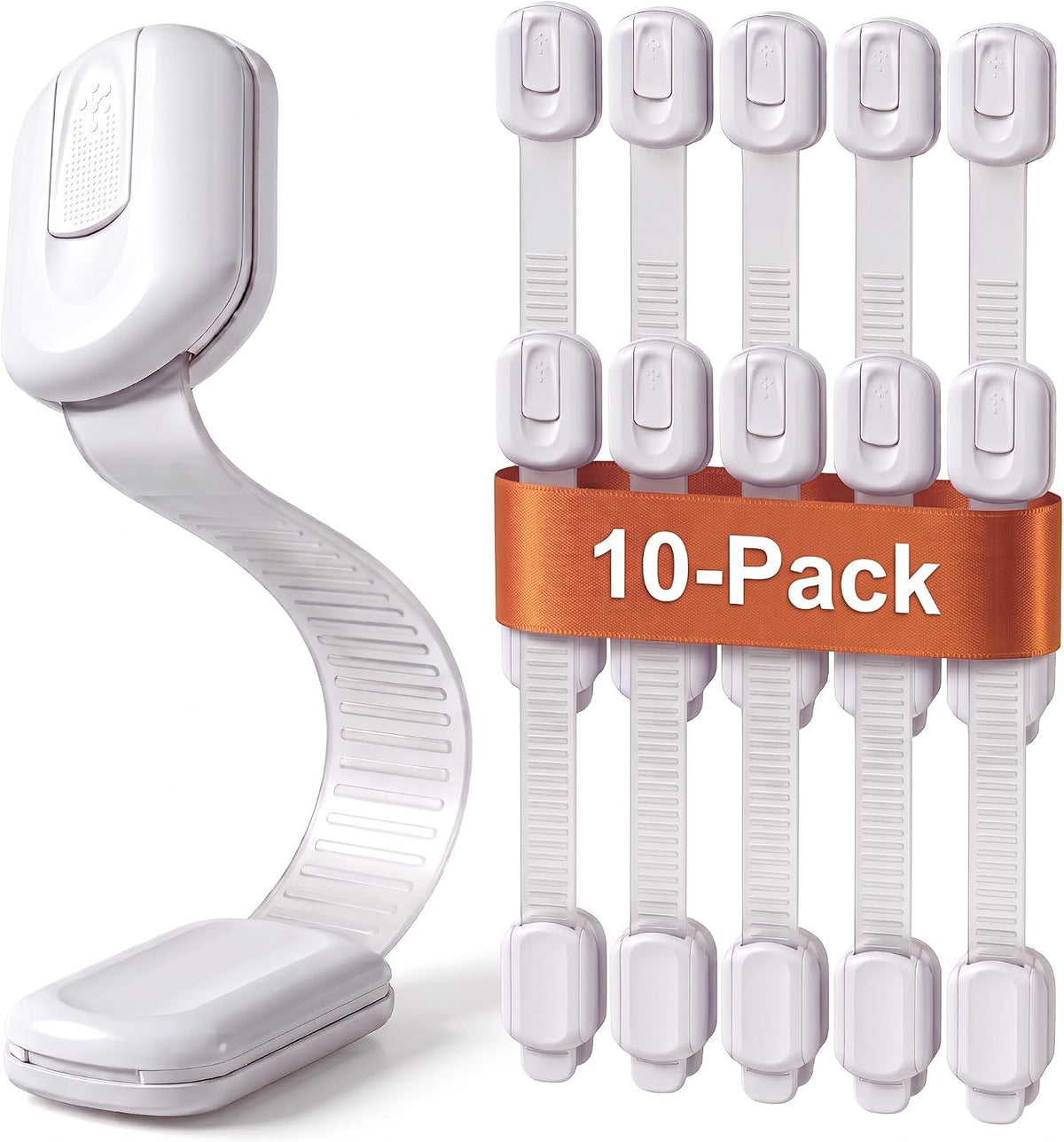 Child Safety Locks (10-Pack)- No Tools or Drilling -Adjustable Size/Flexible -Adhesive Furniture Latches for Cabinets, Drawers, Appliances, Toilet Seat, Fridge, Oven & More (White)
