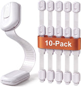Child Safety Locks (10-Pack)- No Tools or Drilling -Adjustable Size/Flexible -Adhesive Furniture Latches for Cabinets, Drawers, Appliances, Toilet Seat, Fridge, Oven & More (White)