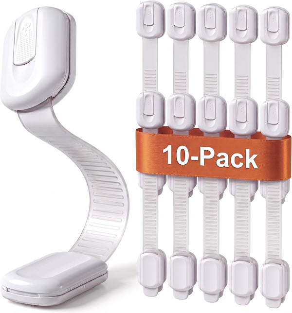 Child Safety Locks (10-Pack)- No Tools or Drilling -Adjustable Size/Flexible -Adhesive Furniture Latches for Cabinets, Drawers, Appliances, Toilet Seat, Fridge, Oven & More (White)