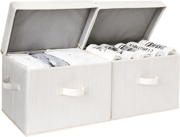 Fabric Storage Box with Lid, Stackable Linen Storage Bins for Clothes, Decorative Lidded Closet Organizers, Rectangle Storage Basket, Mixing of Beige, White & Ivory, Large, 2-Pack