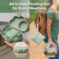 Cloud Crew Silicone Travel Baby Feeding Set with Foldable Suction Baby Plate, Silicone Bib, Spoon and Fork, Waterproof Travel Bag, 6M+