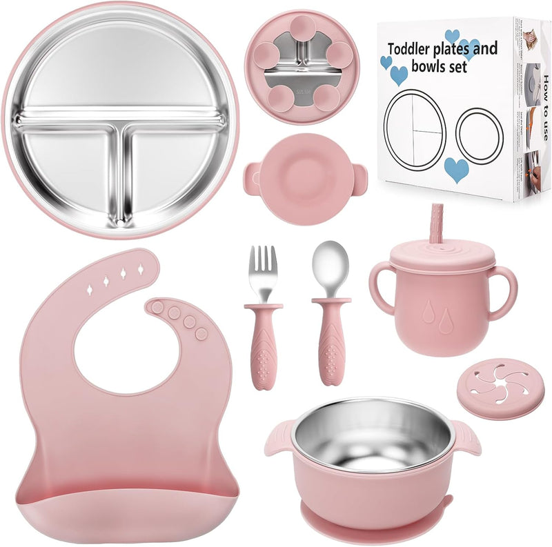 Stainless Steel Kids Plates and Bowls Set with Suction - (Pink)