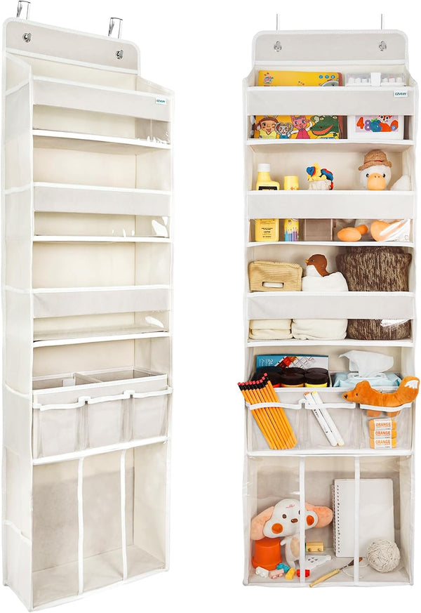 Door Hanging Storage Organizer,With 3 Bins 1 Movable Baby Diaper Caddy,1 Large Capacity Diaper Stacking Storage Organizer,10 Side Pockets,Bedroom Door Storage for Nursery Baby Essentials. (Beige)
