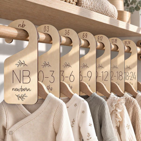 Baby Closet Dividers for Clothes Organizer - Set of 7 Adorable Wooden Double-Sided Baby Clothes Size Hanger Organizer from Newborn to 24 Months for Nursery Beautiful Decor