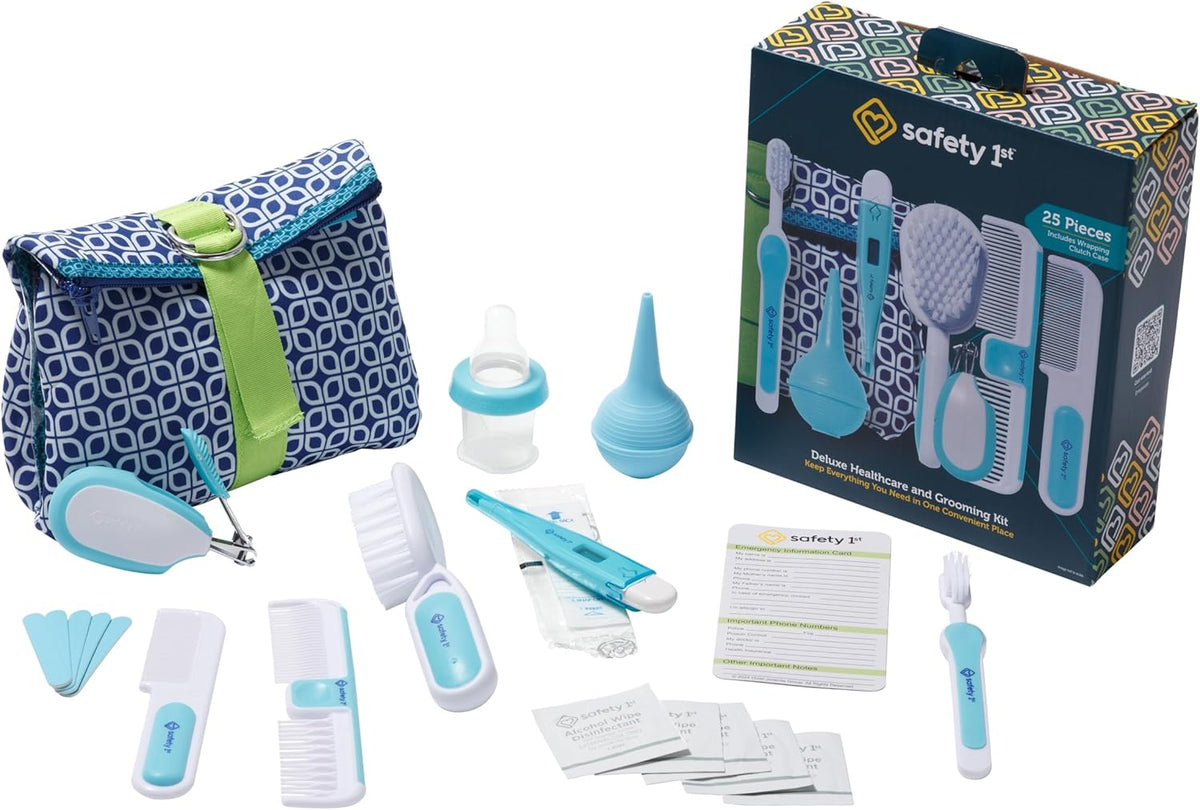 Deluxe Healthcare & Grooming Kit – Baby Essentials Set with 3-In-1 Thermometer, Nasal Aspirator, Nail Clippers, Medicine Dispenser, Brush & Comb, and More - Arctic Blue