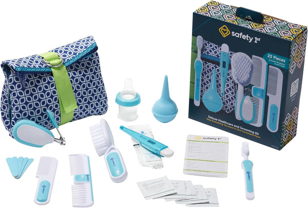 Deluxe Healthcare & Grooming Kit – Baby Essentials Set with 3-In-1 Thermometer, Nasal Aspirator, Nail Clippers, Medicine Dispenser, Brush & Comb, and More - Arctic Blue