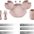 Silicone Plate & Cup Set + Baby Self Feeding Utensil, Divided Suction Plate, Crab Pink