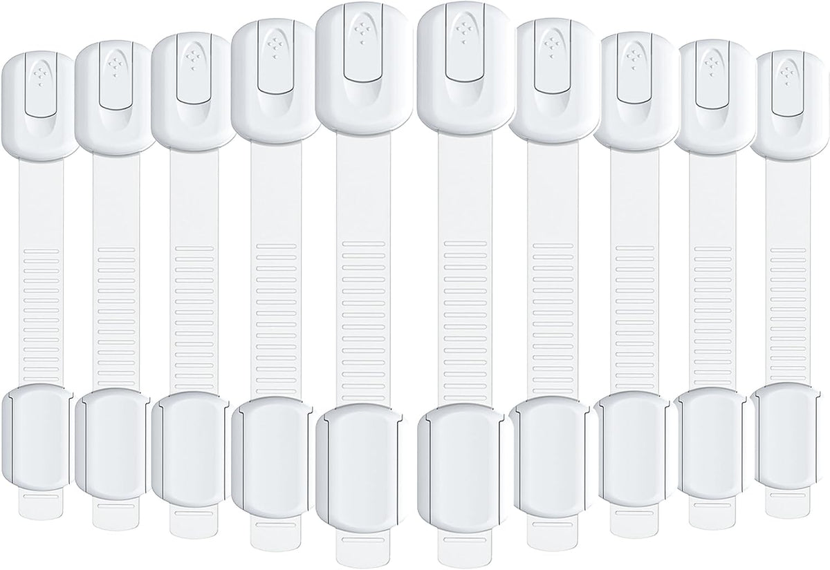 10 Pack Baby Proof Cabinet Locks, Child Safety Drawer Locks with 6 Extra 3M Adhesives, Childproof Cabinet Strap Locks for Drawers, Cupboards, Refrigerators, Adjustable No Drilling
