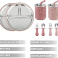 Stainless Steel Baby Feeding Set | 2 Divided Suction Plates, 2 Spill-Proof Straw Cups with Silicone Sleeves, 2 Forks & 2 Spoons | Toddler Utensils for Baby Led Weaning, Bpa-Free