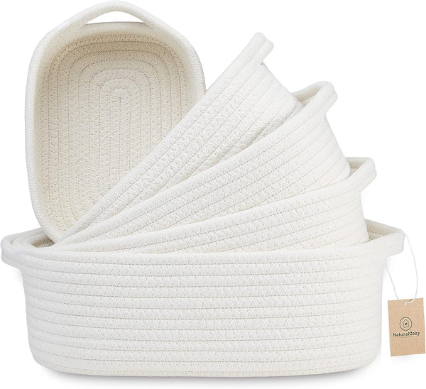5-Piece Rectangle Storage Basket Set- Cotton Rope Woven Baskets for Organizing! Small Basket for Montessori, Baby Nursery, Dog Toy Baskets, Cat Toy Box, Bathroom Organization Bin