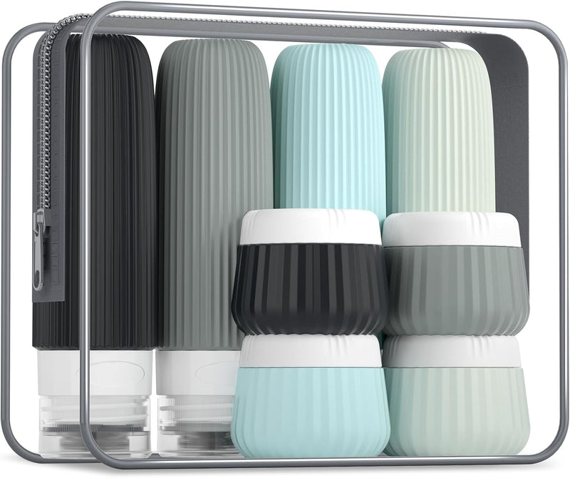 Travel Bottles for Toiletries 8 Pack, Tsa Approved Travel Size Toiletries Containers with Clear Bag, Leak Proof Silicone Squeezable Traveler Essentials Creams Jars