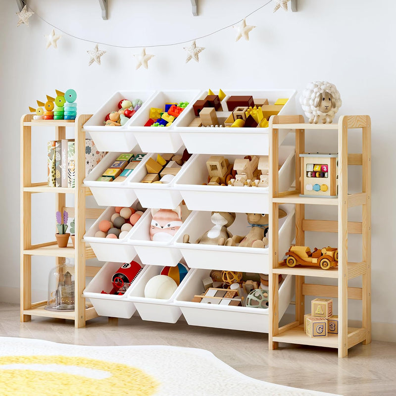 Extra Wide Toy Storage Organizer with Dual Bookshelves, Kids Wooden Shelf with 12 Removable Bins for Books, Toys, Playroom, Nursery, Bedroom, Natural, Large