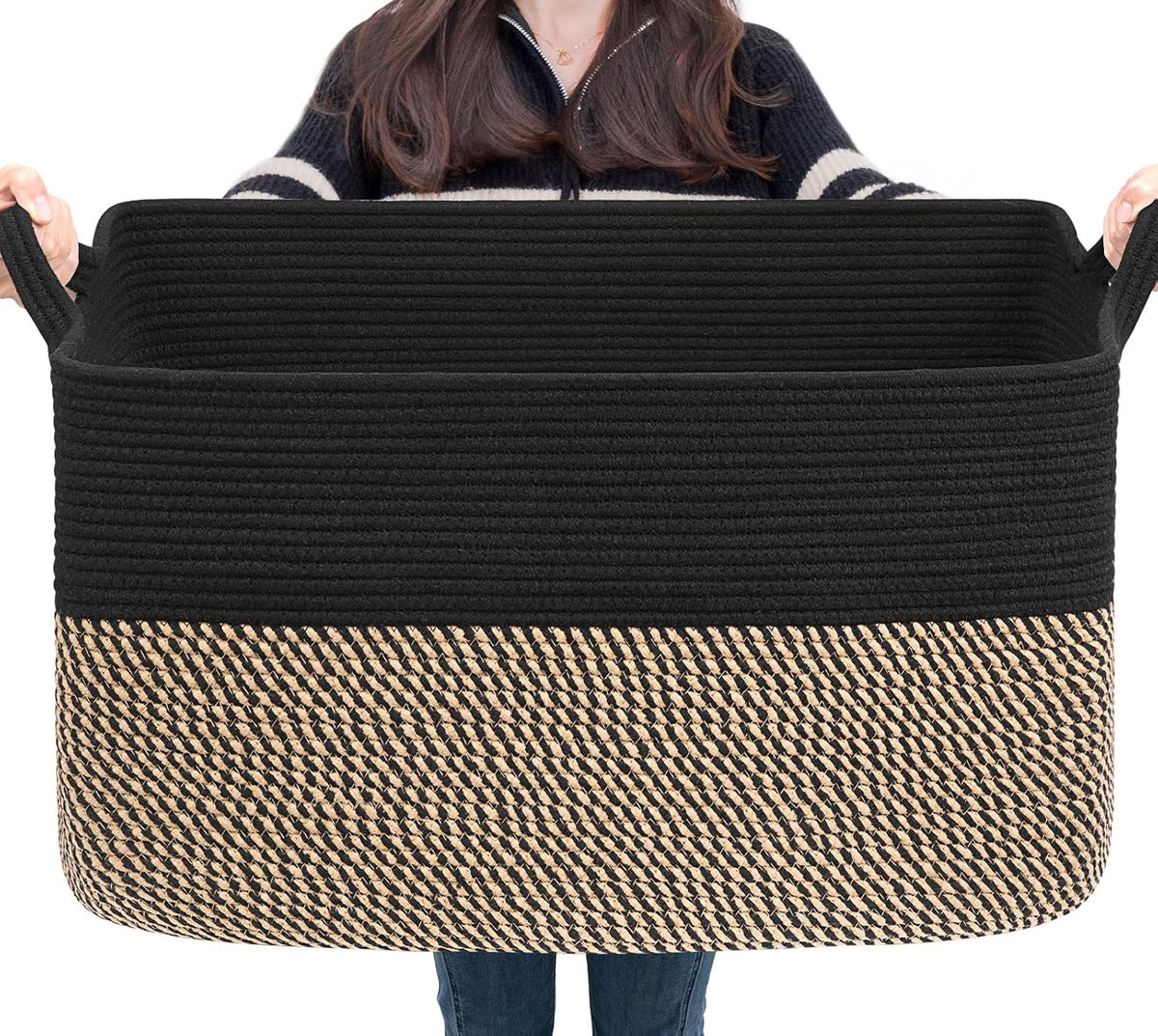 75L Extra Large Woven Blanket Basket, 22" X 17" X 12", Black Jute