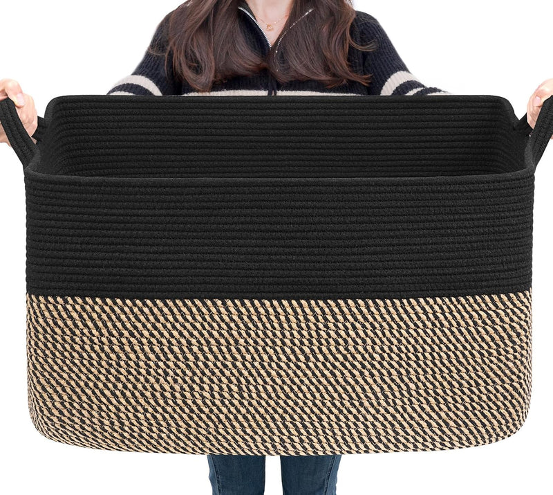 75L Extra Large Woven Blanket Basket, 22" X 17" X 12", Black Jute