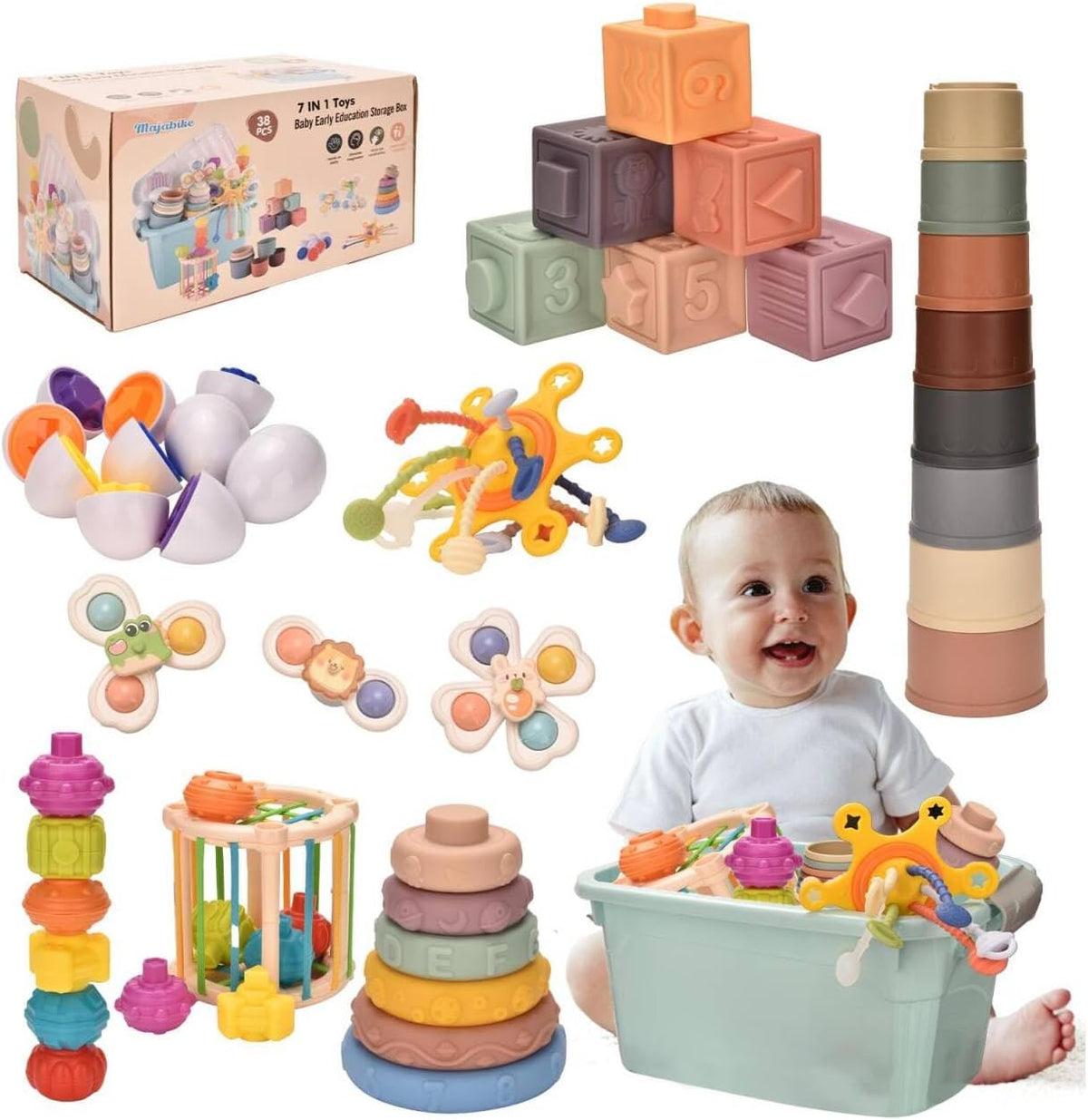 Baby Toys for 6 to 12 Months,7 In-1 Montessori Sensory Toys for Toddlers 1-3,Baby Blocks, Stacking Blocks Rings, Matching Eggs, Suction Cup Spinner,Stacking Cups, for Toddler Gift