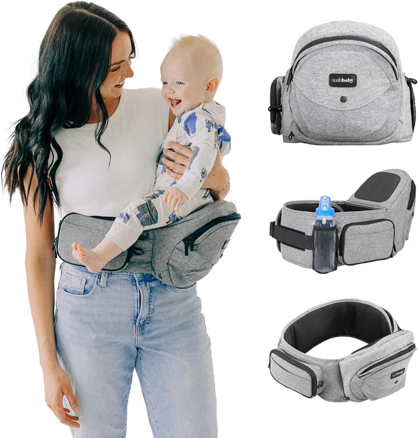 Safety-Certified Hip Carrier for Babies & Toddlers: Machine Washable Child Waist Seat for One Hand Support with Multi-Pocket Storage (23”-44” Waist, Holds Kids 0-3 Yrs up to 45Lbs) – Grey
