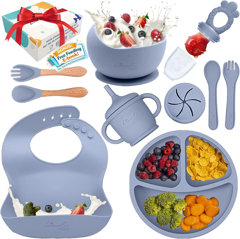 Silicone Baby Feeding Set, 14PCS, Silicone Bibs Baby Plates and Bowls Set