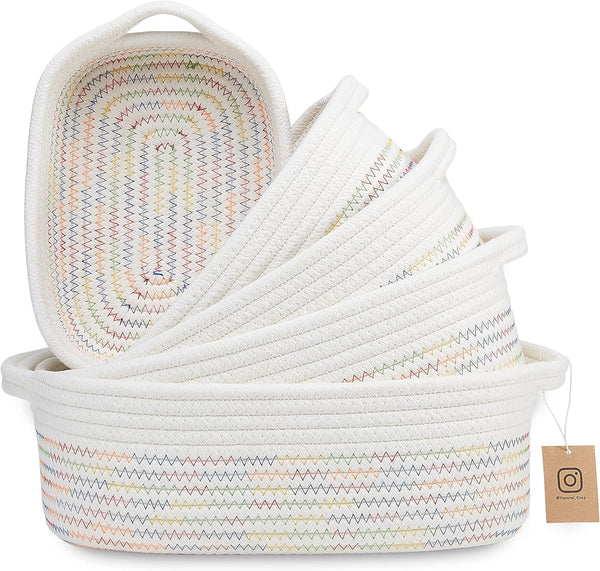 5-Piece Rectangle Storage Basket Set - Cotton Rope Woven Baskets for Organizing! Small Basket for Montessori, Baby Nursery, Dog Toy Baskets, Cat Toy Box, Bathroom Organization Bin