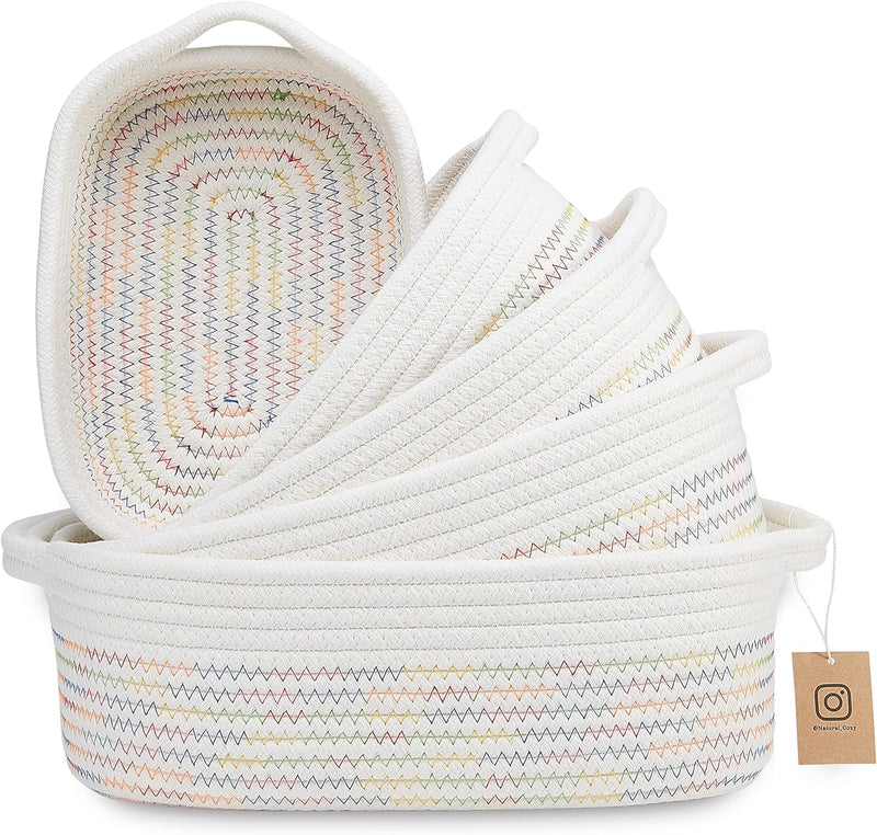 5-Piece Rectangle Storage Basket Set - Cotton Rope Woven Baskets for Organizing! Small Basket for Montessori, Baby Nursery, Dog Toy Baskets, Cat Toy Box, Bathroom Organization Bin