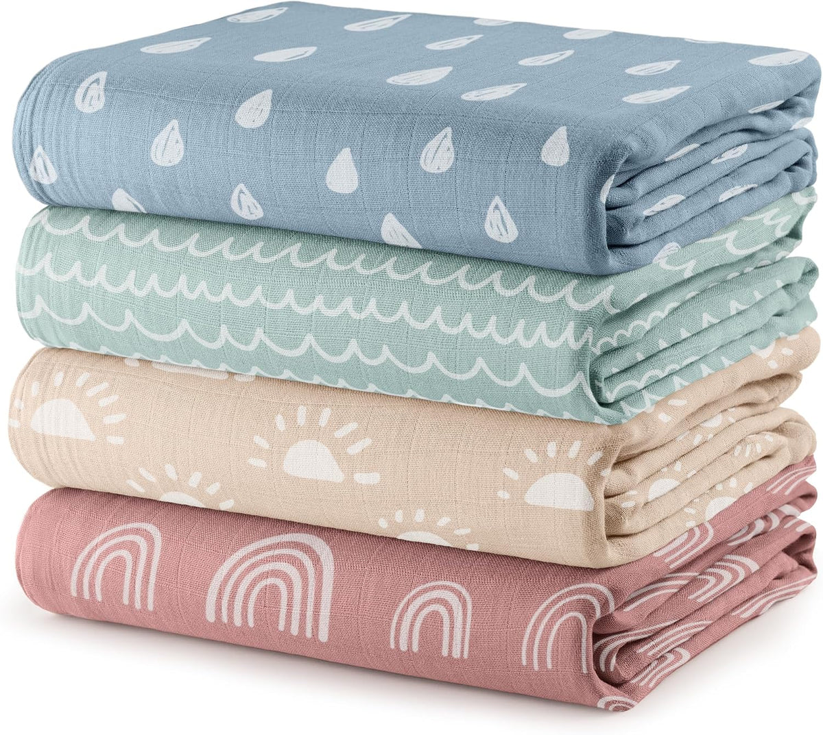 Muslin Swaddle Blankets Pack of 4 - Sun, Rainbow, Rain, Doodle