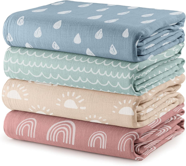 Muslin Swaddle Blankets Pack of 4 - Sun, Rainbow, Rain, Doodle