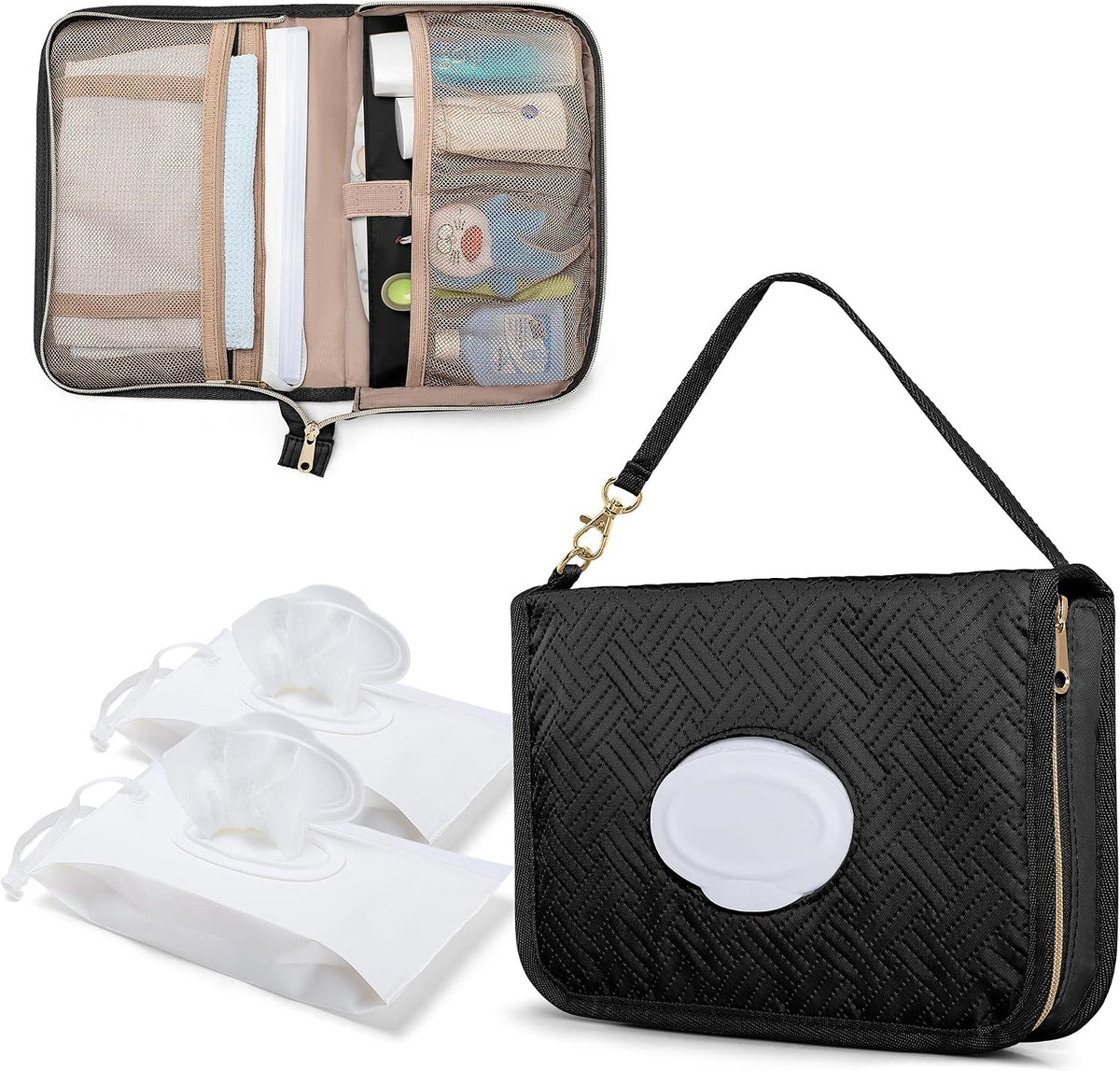 Mini Diaper Clutch Bag with 2 Pcs Reusable Wipes Dispensers, Black