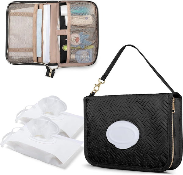 Mini Diaper Clutch Bag with 2 Pcs Reusable Wipes Dispensers, Black