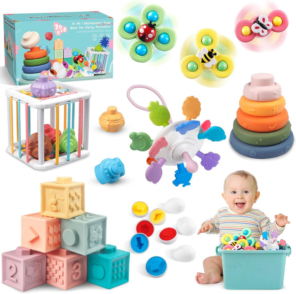 Montessori Baby Toys, 6 in 1 Soft Stacking Blocks & Sensory Set
