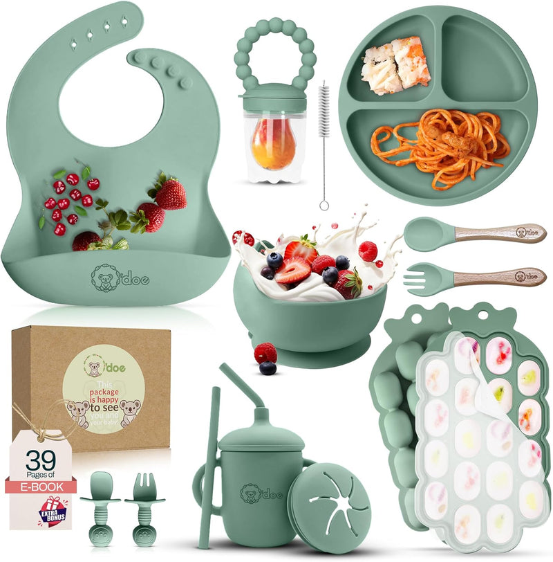 ™ Baby Weaning Set – 15 Pcs Silicone Baby Feeding Set with Suction Plate, Bowl, Bib, Sippy Cup, Fruit Feeder & Freezer Tray – Baby Plates and Bowls Set for 3M+ | Bpa-Free Baby Dishes & Utensils
