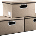 Storage Bins with Lids [3-Pack] Jute Fabric Foldable Storage Boxes Organizer Containers Baskets Cube with Cover for Home Bedroom Closet Office Nursery Khaki（11.4X8.6X6.7
