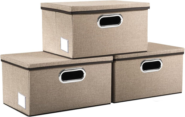 Storage Bins with Lids [3-Pack] Jute Fabric Foldable Storage Boxes Organizer Containers Baskets Cube with Cover for Home Bedroom Closet Office Nursery Khaki（11.4X8.6X6.7