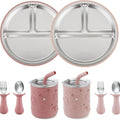 Stainless Steel Baby Feeding Set | 2 Divided Suction Plates, 2 Spill-Proof Straw Cups with Silicone Sleeves, 2 Forks & 2 Spoons | Toddler Utensils for Baby Led Weaning, Bpa-Free