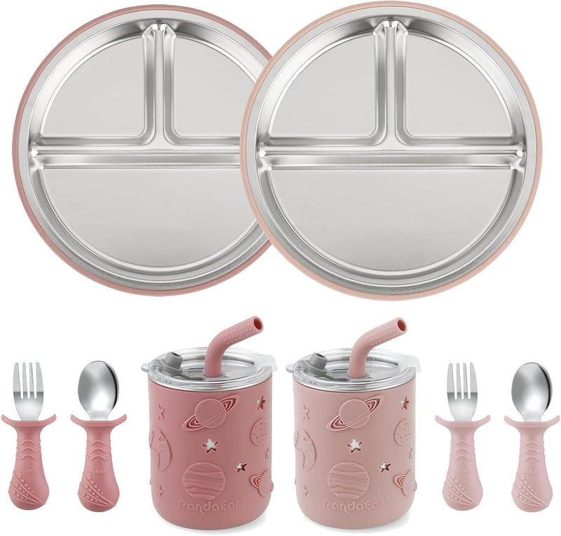 Stainless Steel Baby Feeding Set | 2 Divided Suction Plates, 2 Spill-Proof Straw Cups with Silicone Sleeves, 2 Forks & 2 Spoons | Toddler Utensils for Baby Led Weaning, Bpa-Free