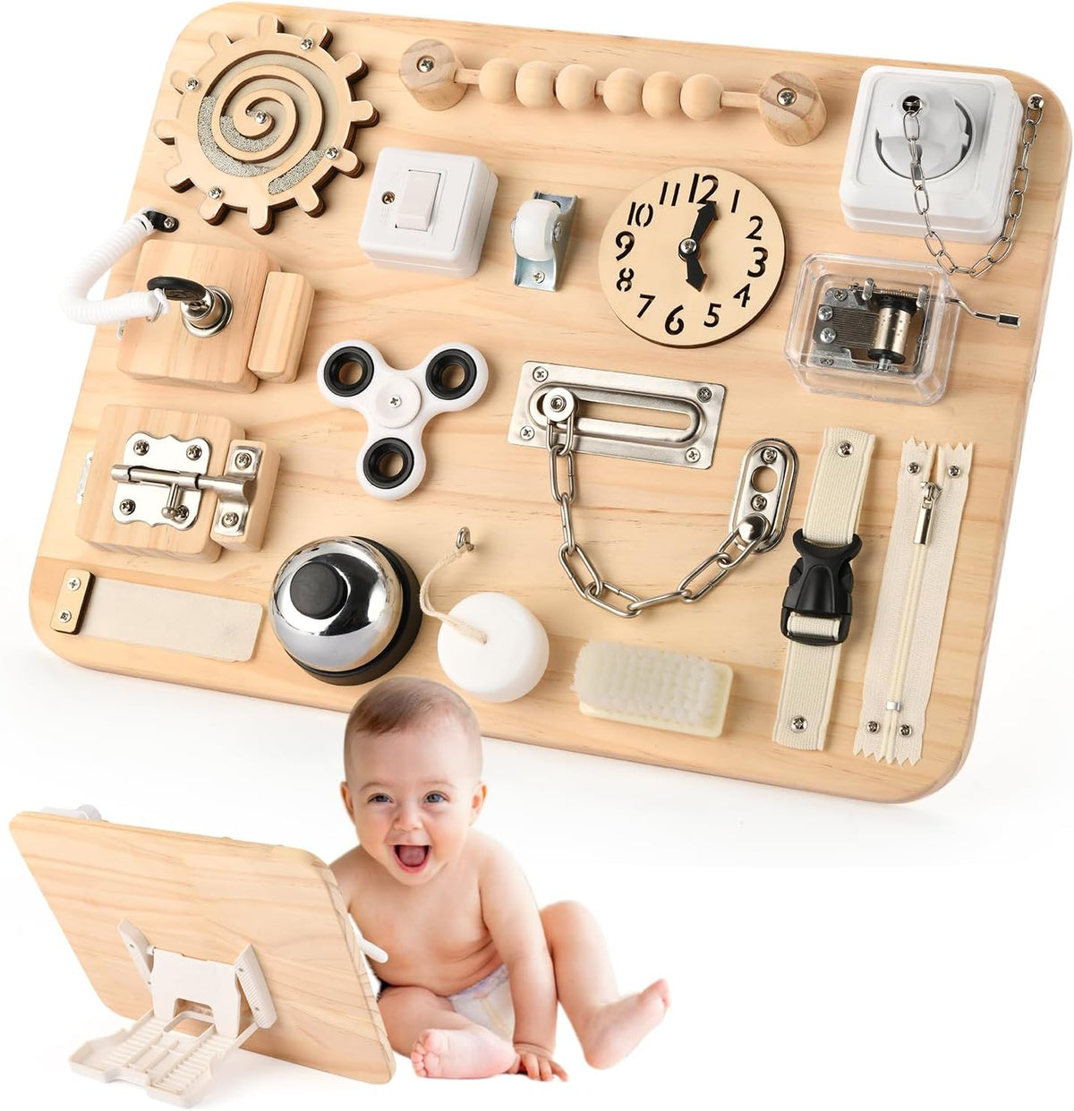 Montessori Large Busy Board, Wooden Sensory Toys for Children