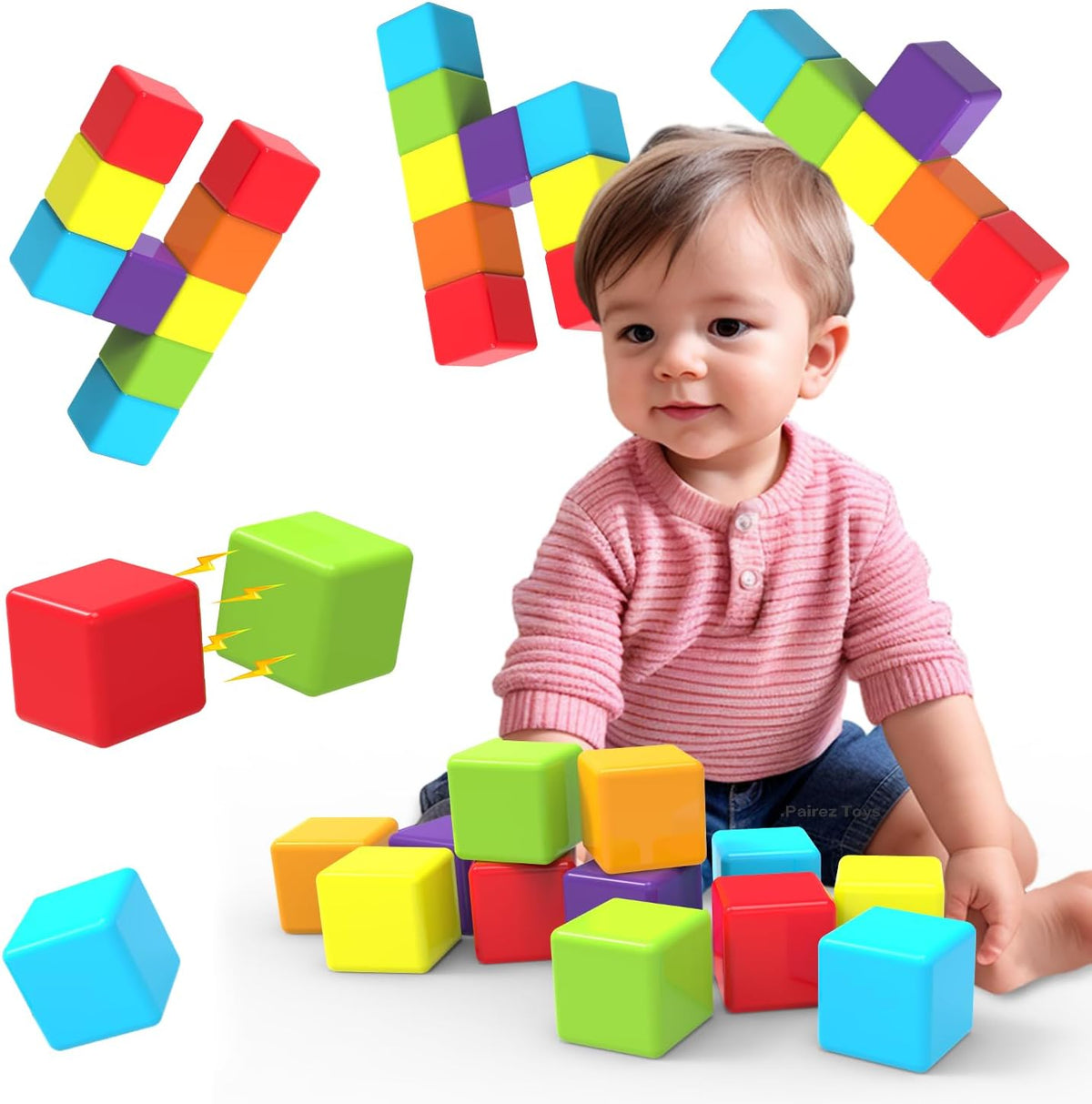 Magnetic Building Blocks, 1.65 Inch Large Magnetic Stacking Cubes for Toddlers, Sensory & Montessori Toys for Boys & Girls 1 2 3 Years Old (12 PCS)