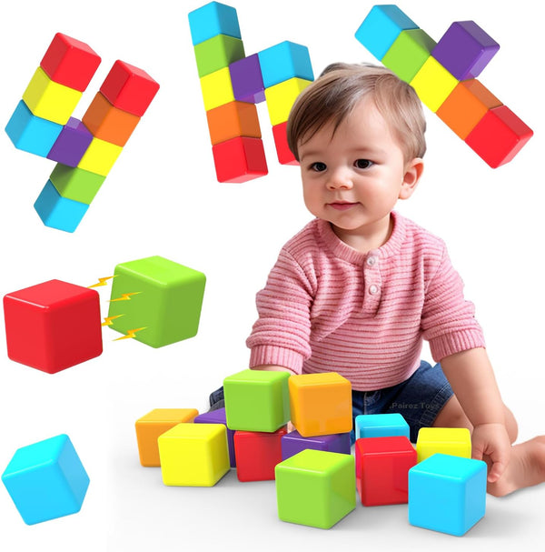 Magnetic Building Blocks, 1.65 Inch Large Magnetic Stacking Cubes for Toddlers, Sensory & Montessori Toys for Boys & Girls 1 2 3 Years Old (12 PCS)