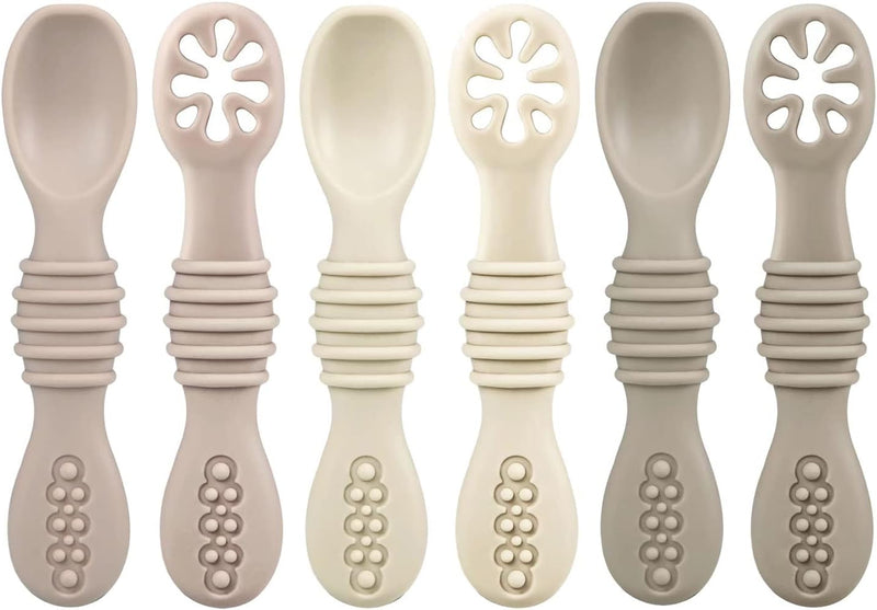 Silicone Baby Spoons Self Feeding 6 Months| 6 Pack Baby Feeding Spoons| Toddler Infant Led Weaning Spoon| Kid Spoon Ustensile Bebe (Beige/Tan/Brown)