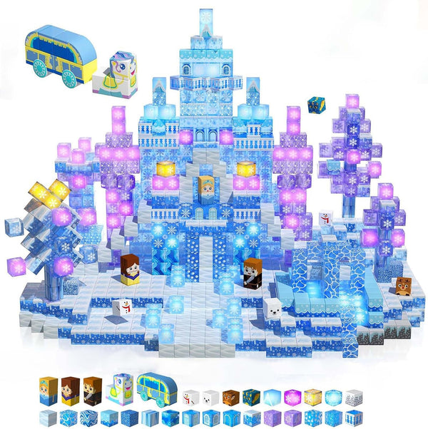 200 PCS Magnetic Blocks, Light up Transparent Magnetic Building Block for Blue Snow Princess Castle, Frozen Magnet Cubes Tiles Toys for Girls Age 3 4-8 8-12 Birthdays Gift for Kids