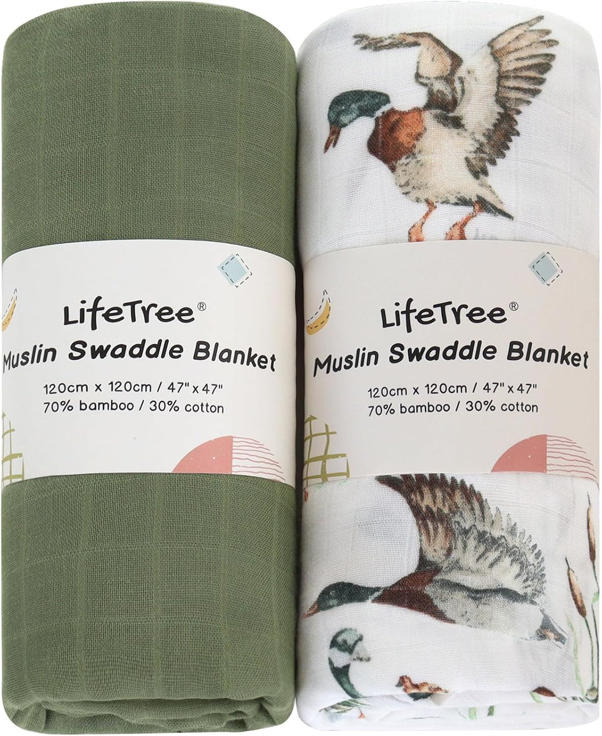 Muslin Swaddle Blankets Unisex, Baby Swaddling Wrap Nursery Neutral Receiving Blanket for Boys & Girls, 70% Viscose from Bamboo and 30% Cotton, Large 47 X 47 Inches Mallard Duck/Olive Green