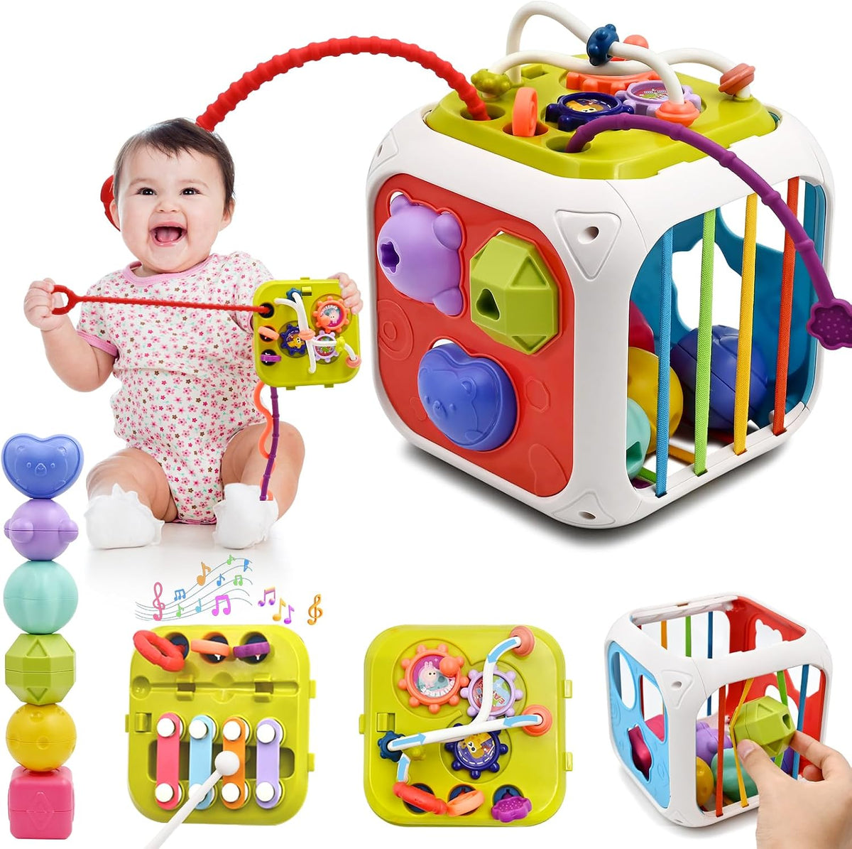 Sensory Montessori Toy for Boys and Girls, 7-In-1 Multi-Function Activity Toy with Shape Sorter and Stacking Blocks, Fine Motor Skills Toy, Easter Birthday