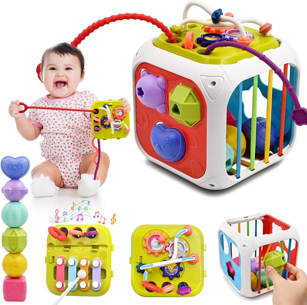 Sensory Montessori Toy for Boys and Girls, 7-In-1 Multi-Function Activity Toy with Shape Sorter and Stacking Blocks, Fine Motor Skills Toy, Easter Birthday