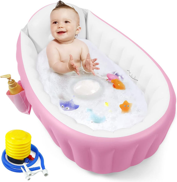 Inflatable Baby Bathtub, Portable Travel Baby Bath Tub Toddler Bathtub with Air Pump, Foldable Non-Slip Shower Basin Mini Air Swimming Pool for Newborn (Pink)