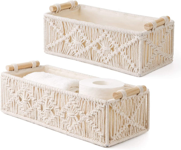 2Pc Macrame Storage Basket, Boho Decor Toilet Paper Holder, Ivory