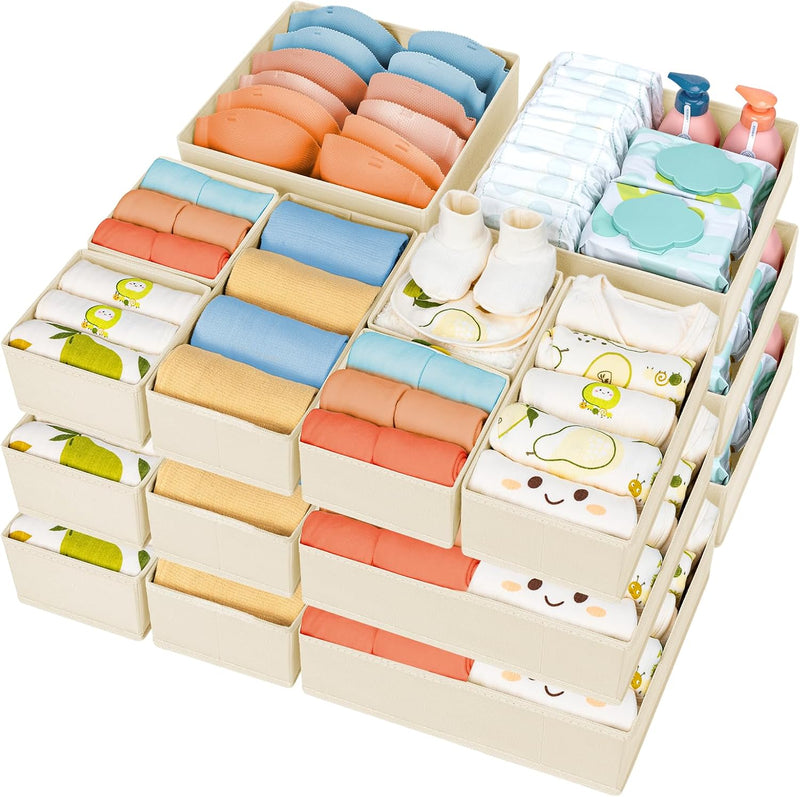 Drawer Organizer Clothes 18 Pack - Foldable Baby Organizers and Storage & Dresser Organizer for Bedroom, Closet - Nursery Organization Dresser Dividers for Underwear, Sock,Bra, Belt, Tie,Cream